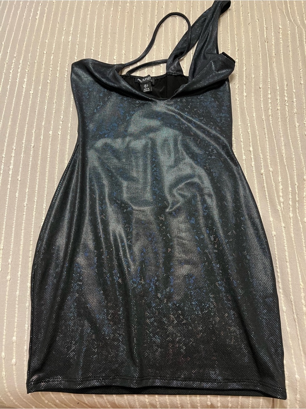 PrettyLittleThing Black One-Shoulder Dress with Blue Iridescent Sheen